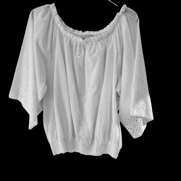 Single Thread Tops - Soft White Cotton Eyelet Micro Ruffle Off-Shoulder Boho Festival Top Sz XL